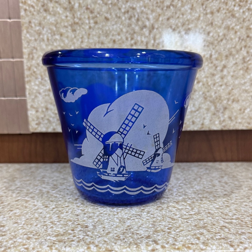 Vintage Covalt Blue Ice Bucket Hazel Atlas with Windmill Design